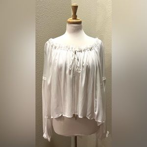 Miou Muse White Peasant Top Blouse Drawstring Neck L NEW